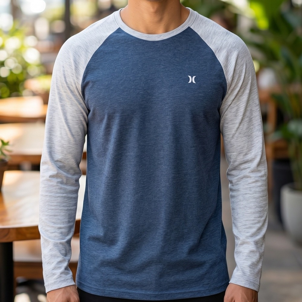 Hurley Mens Long Sleeve Raglan T-Shirt Navy Blue Heather Grey Logo XXL 1553075